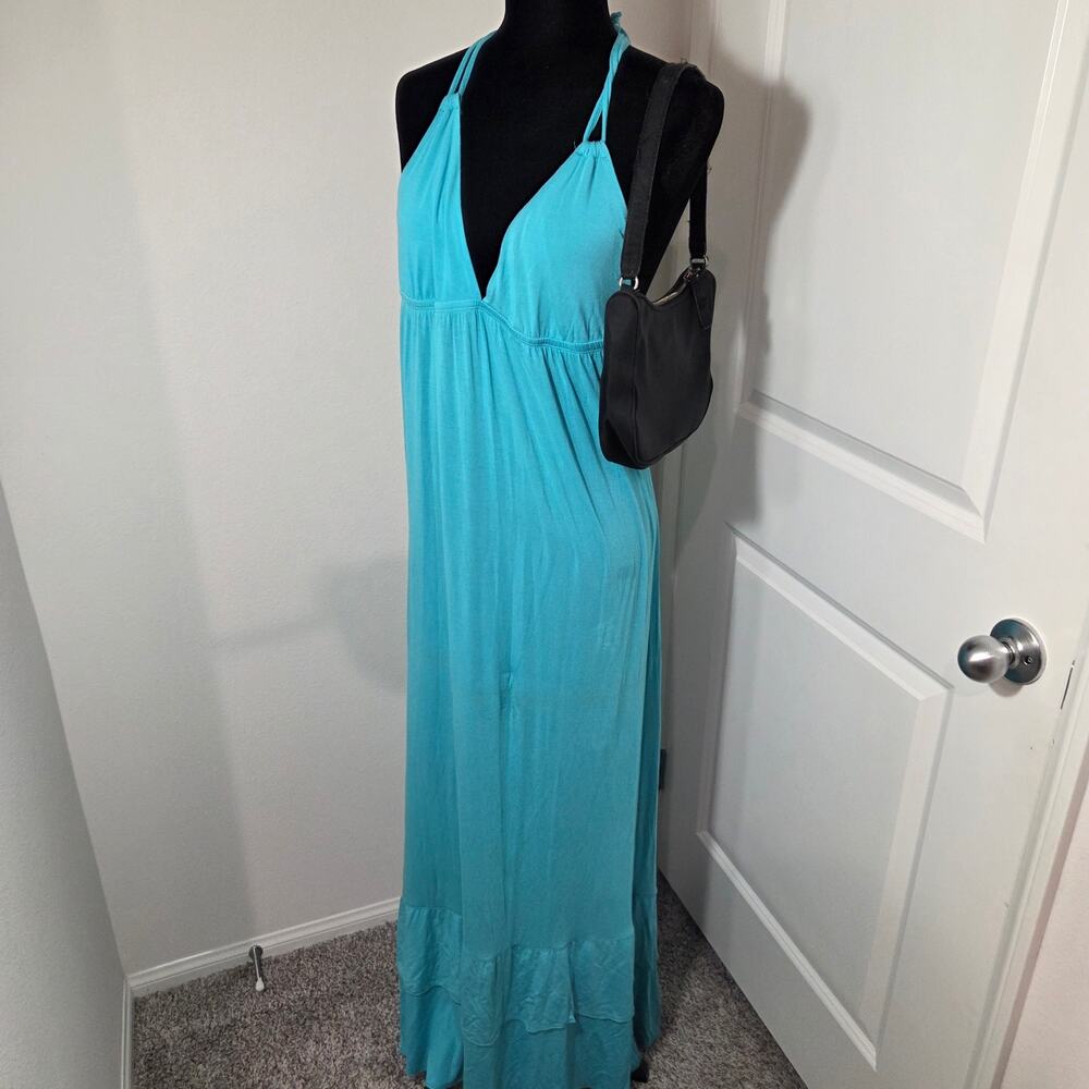 Y2k Joe Boxer Halter Maxi Dress Ruffle Turquoise Babydoll Flowy Dress Women's L